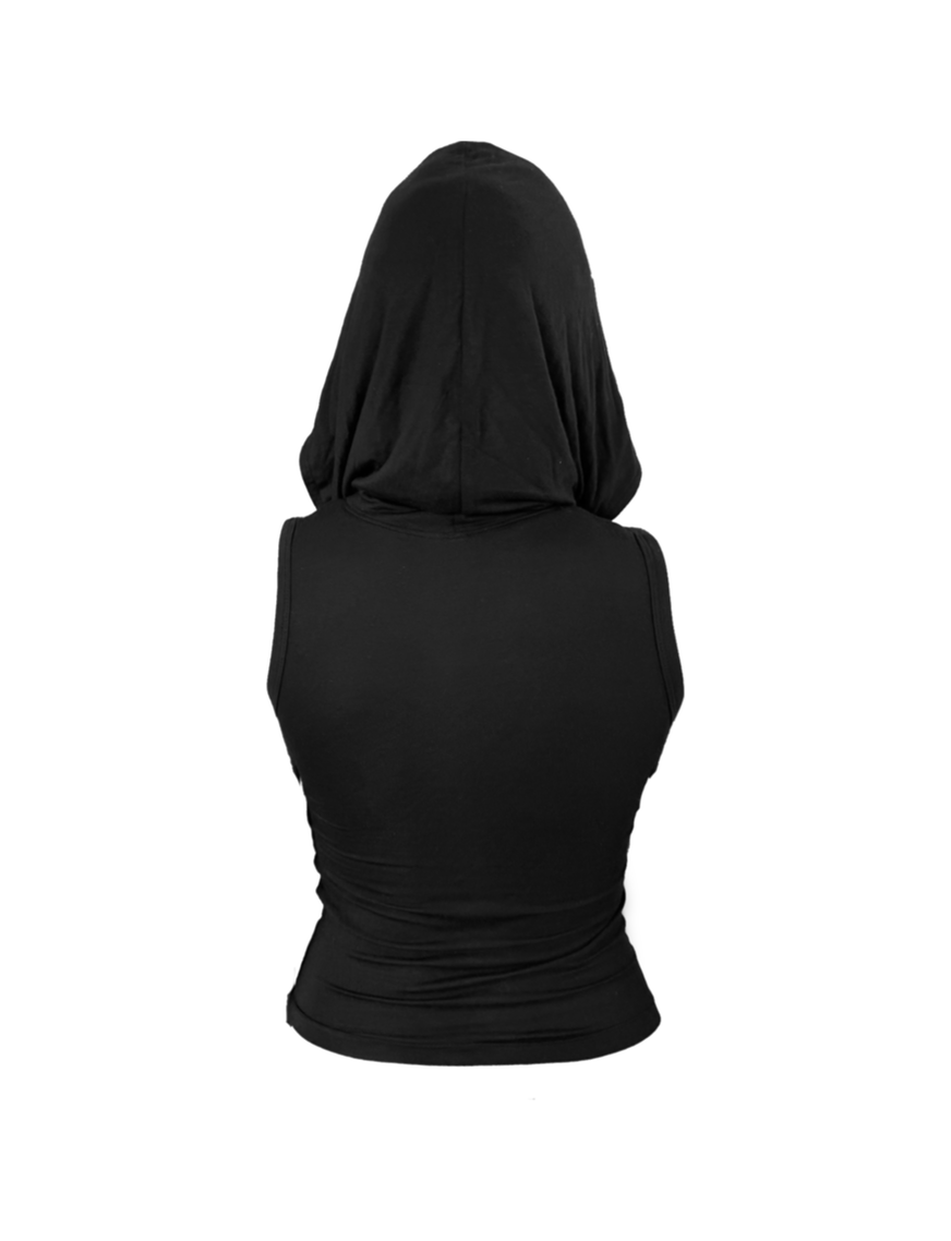 HOODED SLEEVE-LESS BLACK TOP