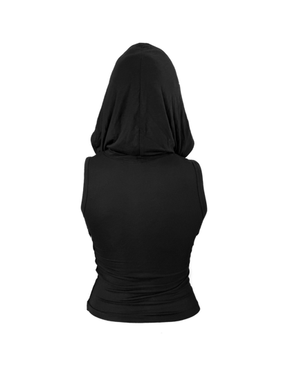 HOODED SLEEVE-LESS BLACK TOP