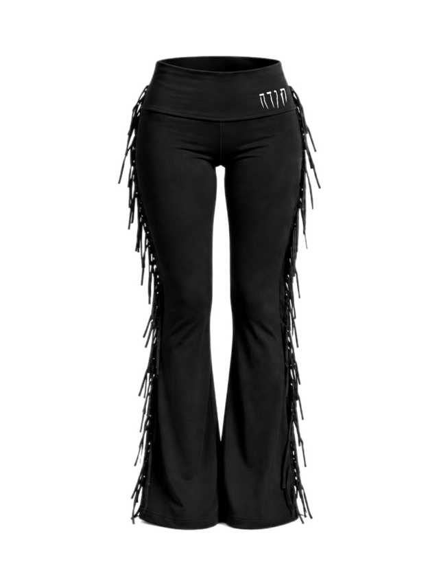 BLACK FRINGE FOLD-OVER FLARED PANTS