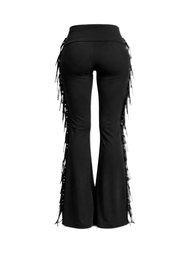 BLACK FRINGE FOLD-OVER FLARED PANTS