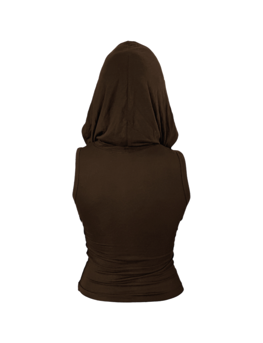 HOODED SLEEVE-LESS BROWN TOP