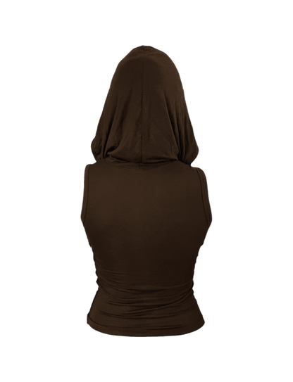 HOODED SLEEVE-LESS BROWN TOP