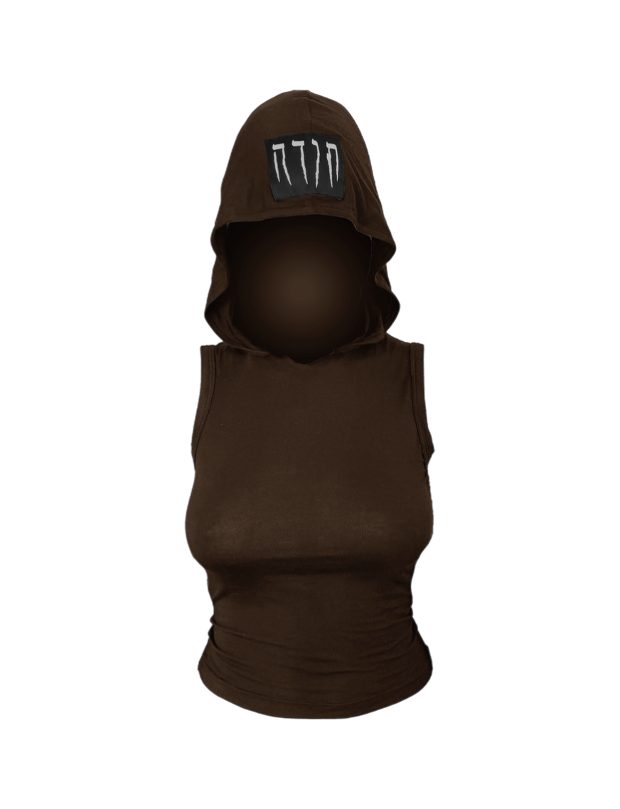 HOODED SLEEVE-LESS BROWN TOP