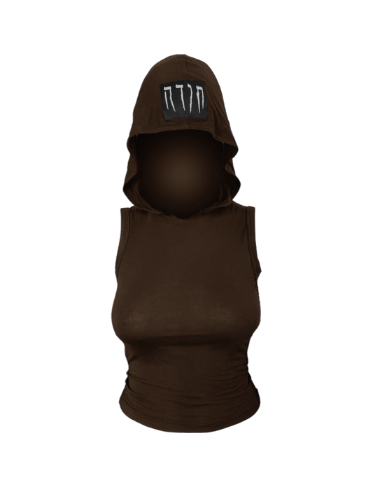 HOODED SLEEVE-LESS BROWN TOP